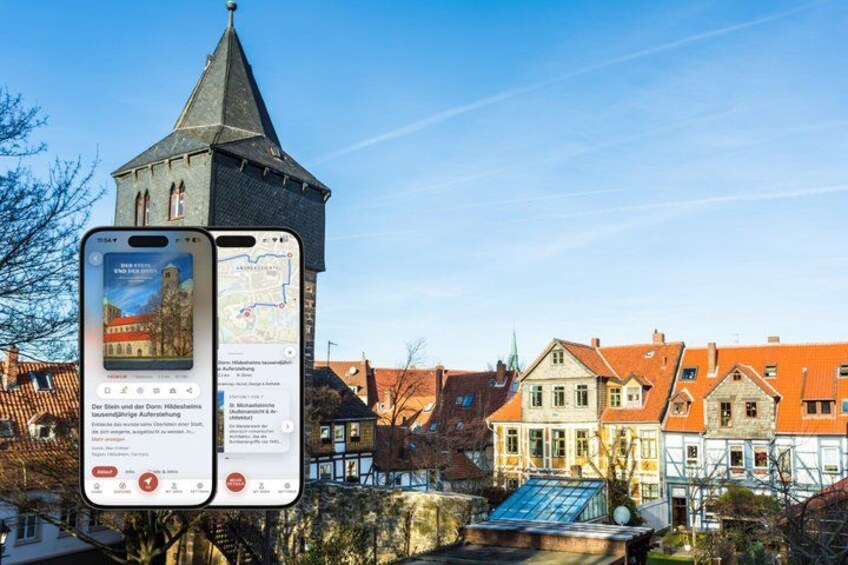 A town square with a prominent tower, traditional buildings, and a smartphone displaying a map and information. 1