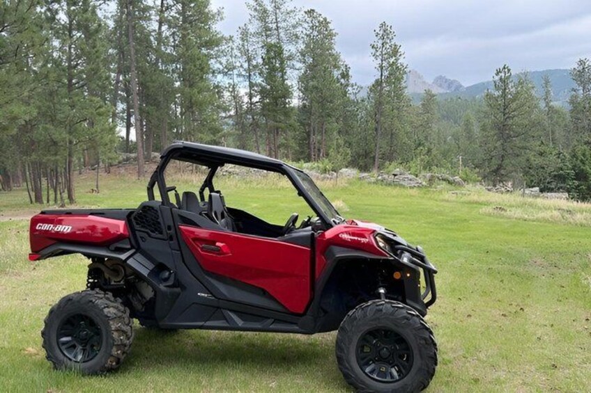 A red off-road vehicle parked on grass with trees and mountains in the background. 1