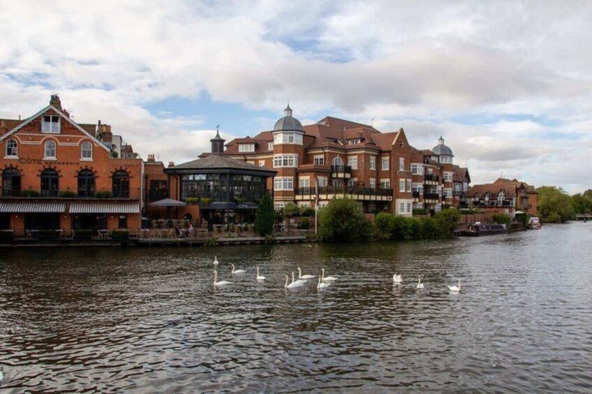A river with swans, historic buildings, and a cloudy sky. 5