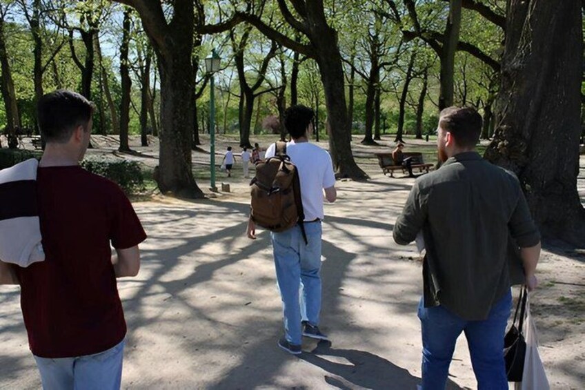 A park with trees, a walking path, and people walking. 1