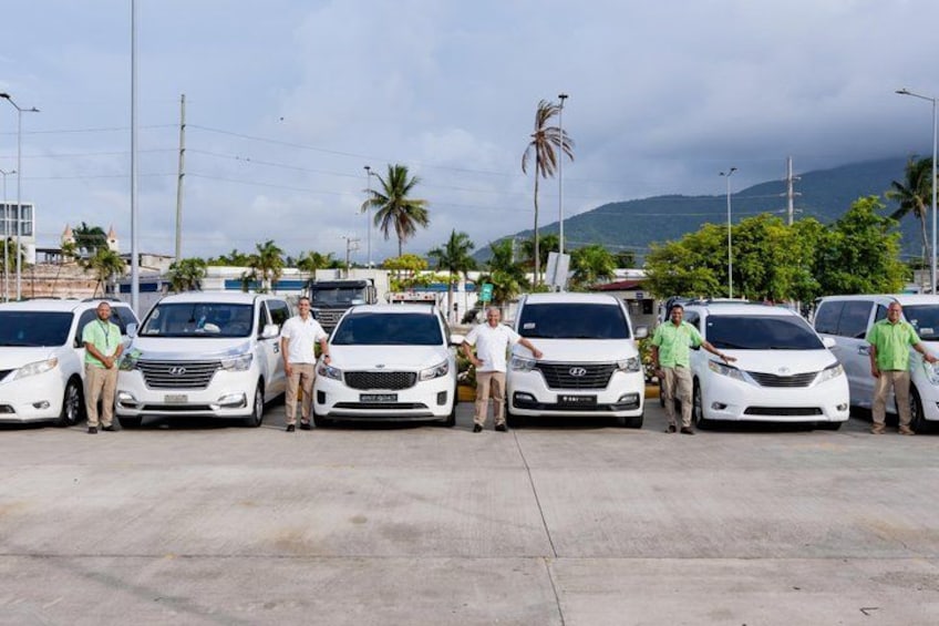 A group of white cars parked in a lot with palm trees and mountains in the background. 5