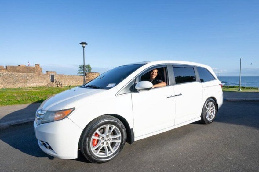 A white station wagon parked on a road with a clear sky and a coastal background. 4