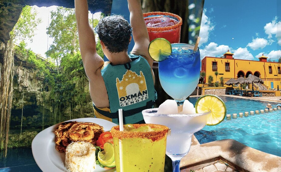 A person at a poolside with a plate of food and drinks, a tropical background, and a building with a yellow facade. 2