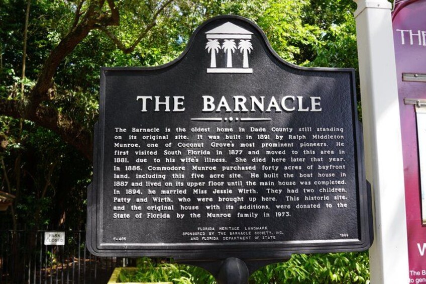 A historical marker titled 'The Barnacle' with a detailed description of its history and significance. 4