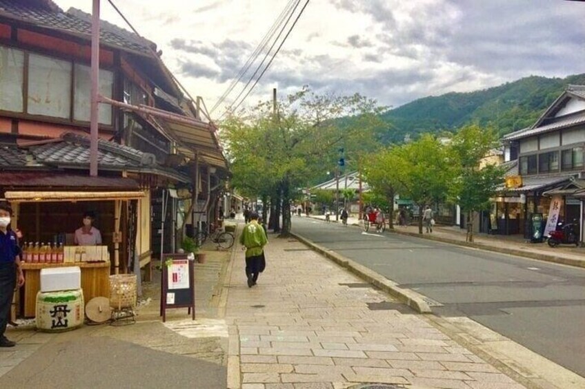 A street with traditional buildings, a person walking, and a mountain in the background. 4