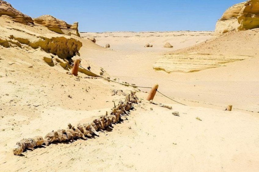 A desert landscape with a rocky outcrop and a chain-link fence. 2
