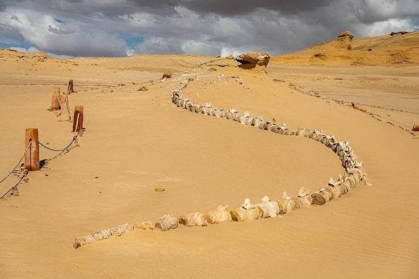 A desert landscape with a winding stone path and wooden posts. 1