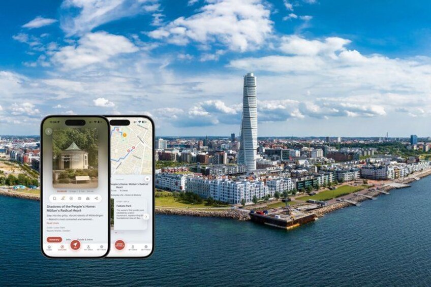 A smartphone displaying a map with a tall building in the background. 1