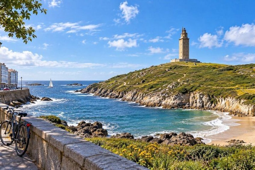 A coastal landscape with a lighthouse, rocky shoreline, and a bicycle. 3
