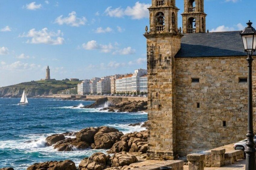 A coastal scene with a stone tower, rocky shoreline, sailboat, and buildings in the background. 5