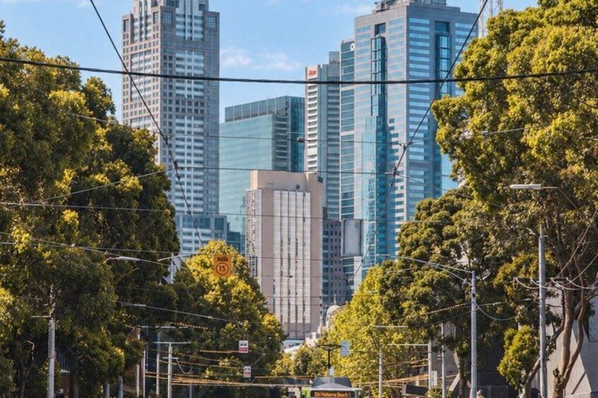 A cityscape with modern buildings, trees, and tram tracks. 4