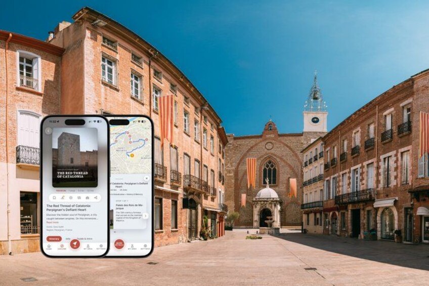 A historic square with buildings, a church, and two smartphones displaying a map and information about the Red Thread of Catalonia. 1