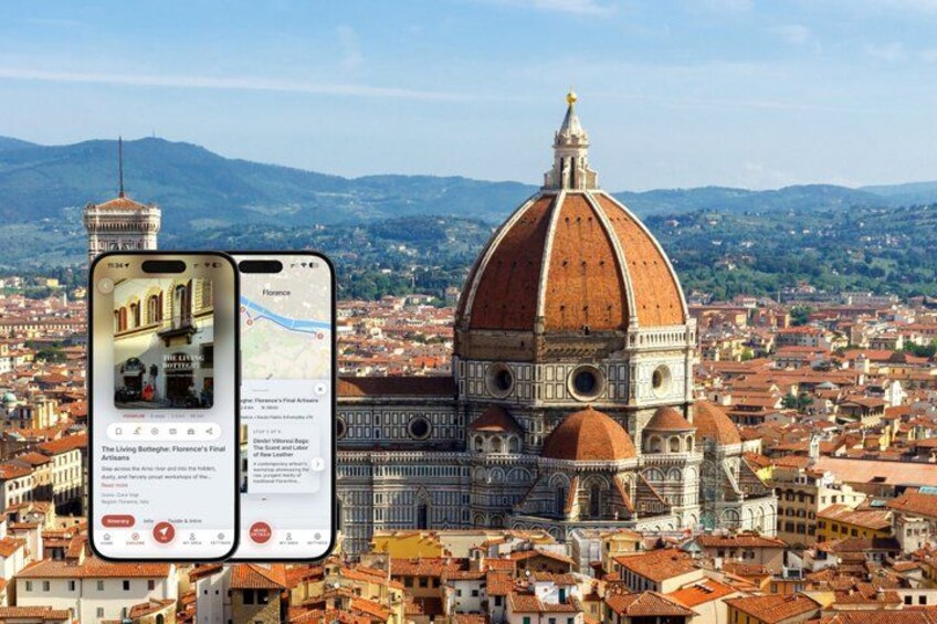 A smartphone displaying a map and a photo of the Florence Cathedral with the dome, surrounded by a cityscape. 2