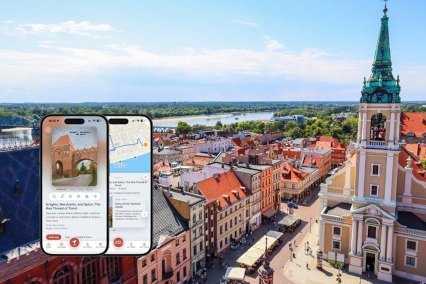 A cityscape with historic buildings, a river, and a prominent church tower. 1