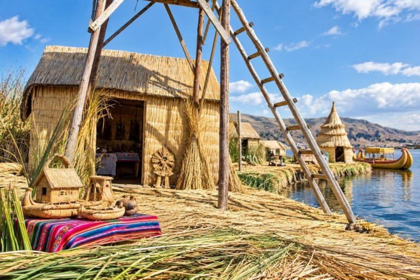 A traditional thatched-roof house with a ladder, a small boat, and a colorful mat on the ground. 3