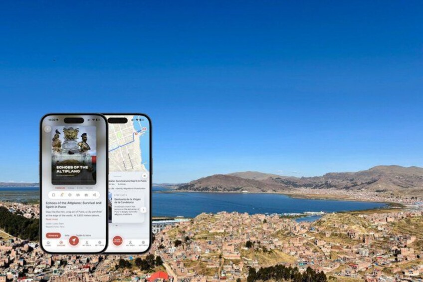 A smartphone displaying a music album cover with a scenic view of a coastal town and mountains in the background. 1