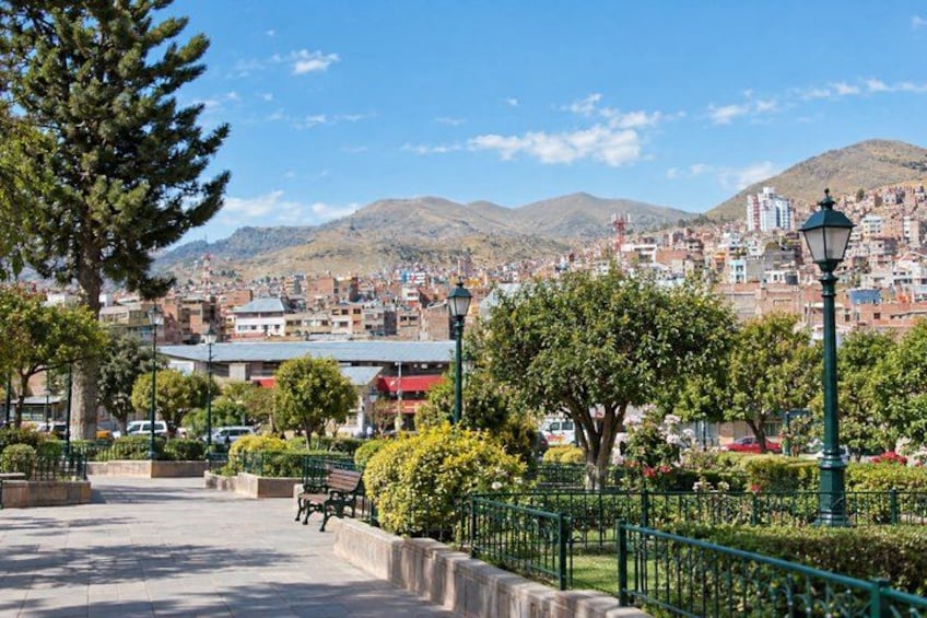 A park with benches, trees, and a distant cityscape with mountains. 5