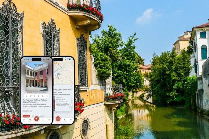 A canal with buildings, a smartphone displaying a map, and a building with ornate ironwork. 1