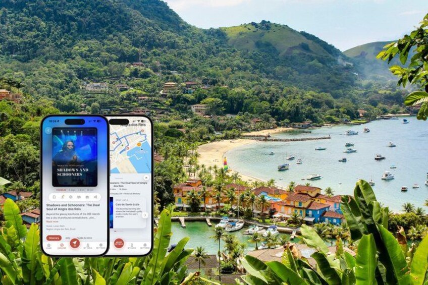 A smartphone displaying a map and a scenic coastal view with boats, hills, and buildings. 1