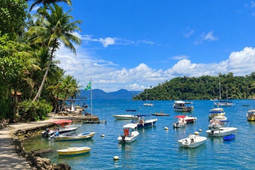 A tropical beach with boats docked, palm trees, and a clear blue sky. 1