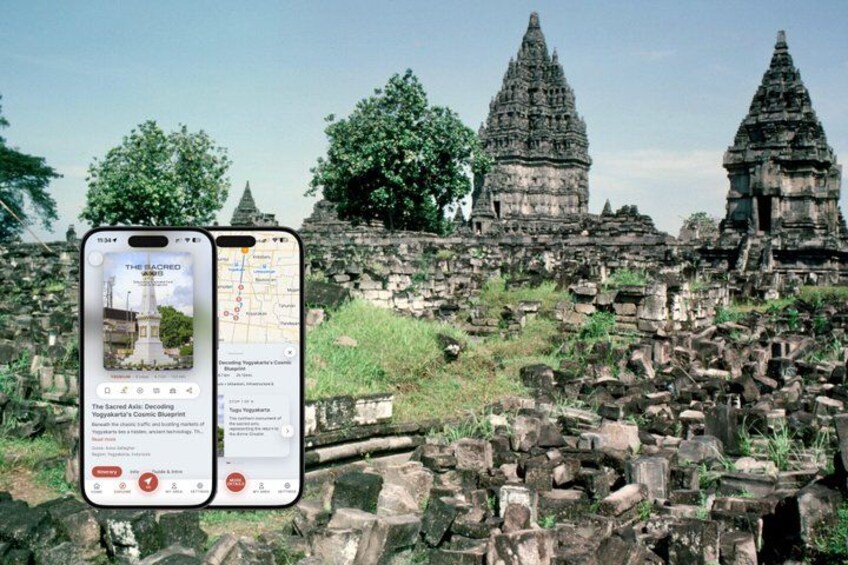 A smartphone displaying a map with a temple complex in the background. 1