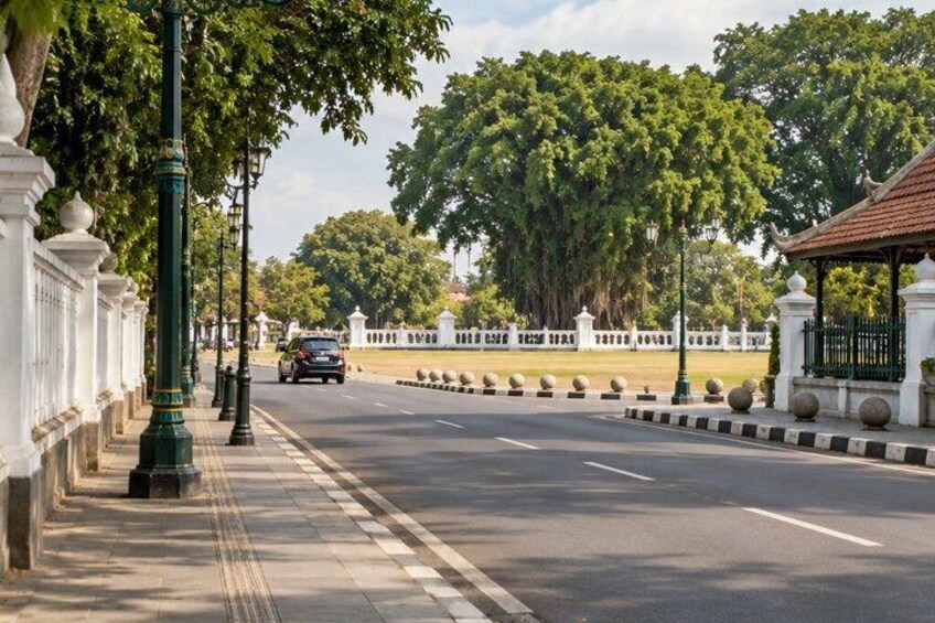 A tree-lined street with a white fence, a green lamp post, and a car driving on the road. 2