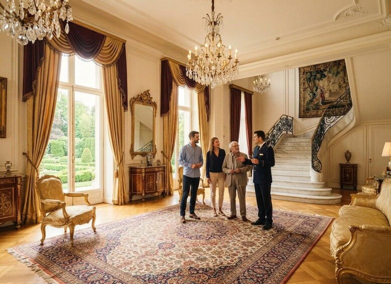 A grand room with ornate chandeliers, a large mirror, and a staircase with a painting. 1