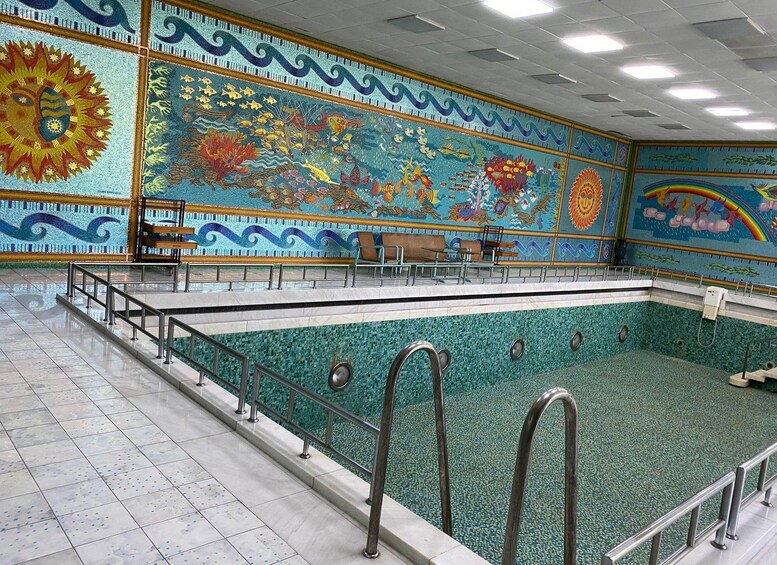 A swimming pool with a colorful mural on the walls. 5