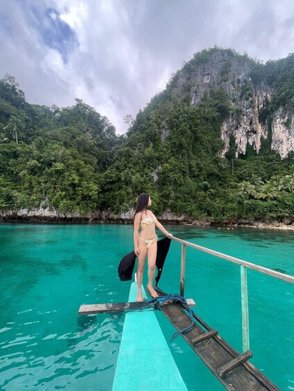 A woman in a bikini standing on a wooden dock extending into turquoise water, with a mountainous landscape in the background. 3
