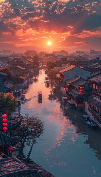 A river with traditional buildings on either side, a boat in the water, and a sunset in the background. 1