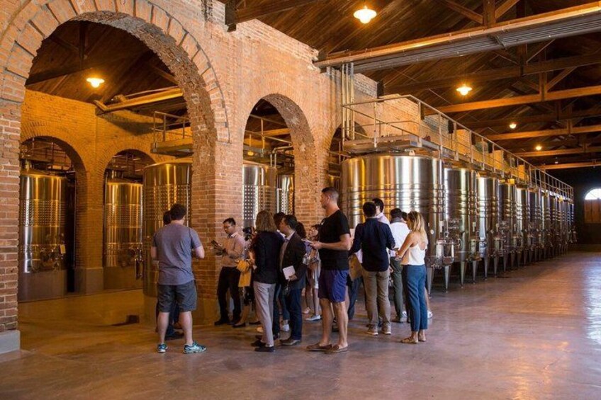 A group of people in a wine cellar with brick arches and stainless steel tanks. 1
