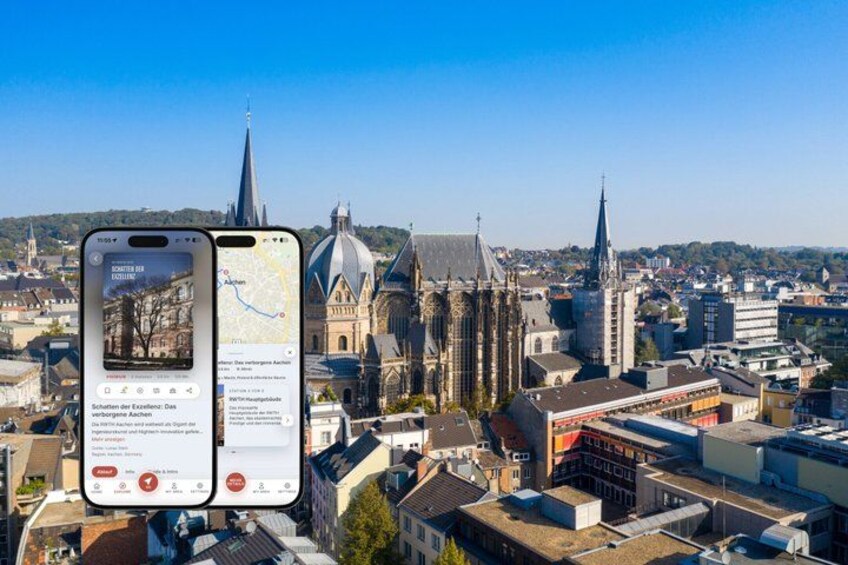 A smartphone displaying a map with a cityscape in the background. 1