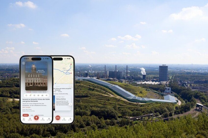 A smartphone displaying a map with a green pathway, a building, and a factory in the background. 1