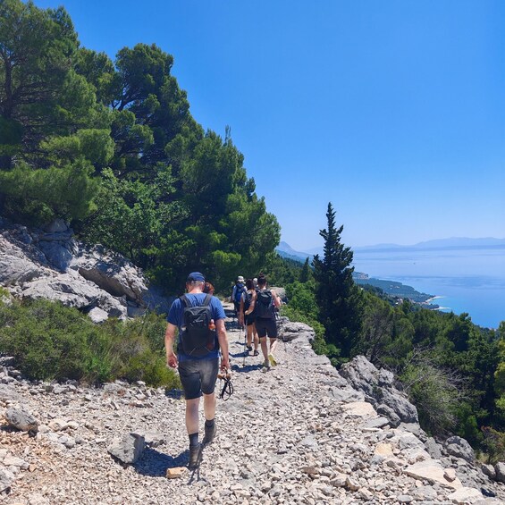 Hikers on a rocky trail with a view of the sea and mountains in the distance. 5
