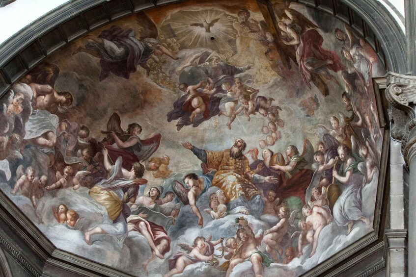 A detailed fresco mural on a ceiling, depicting various figures and scenes, including angels and cherubs, in a classical style. 4