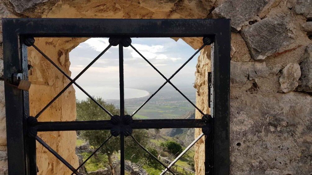 A metal window with a grid pattern, through which a landscape with a body of water and greenery is visible. 4
