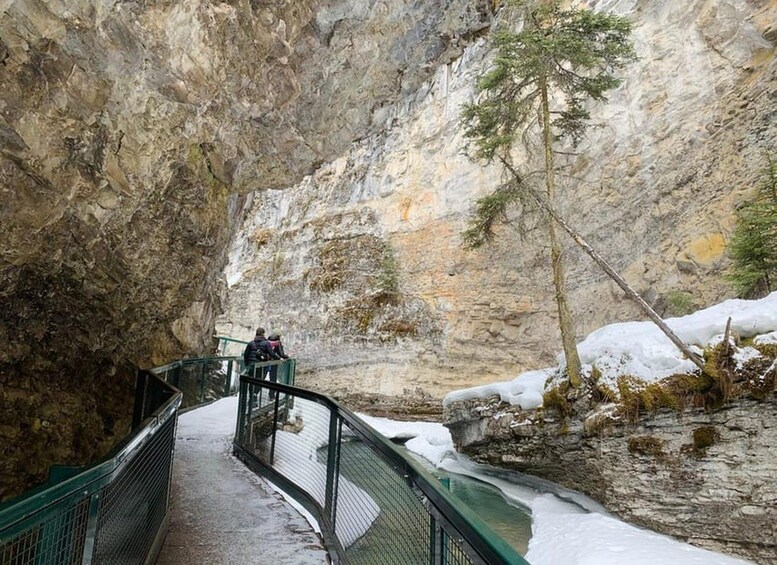 Un étroit sentier bordé d’une rambarde métallique, une falaise rocheuse et un arbre sur la droite. 3