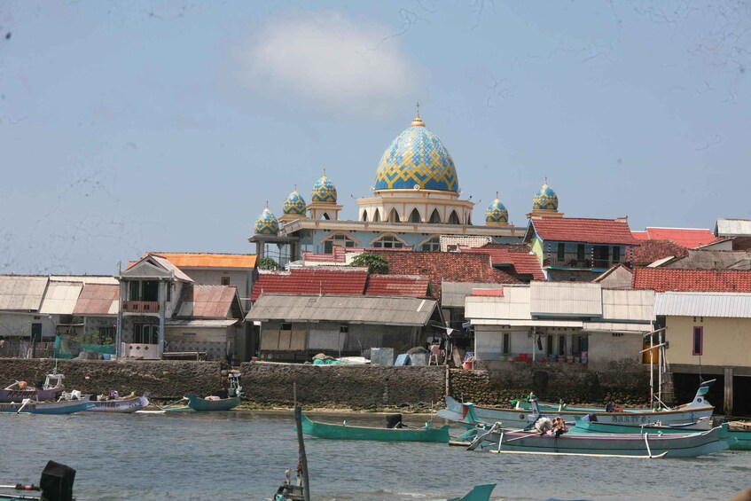 A coastal town with traditional buildings, a prominent mosque with a blue dome, and several boats docked along the shore. 5