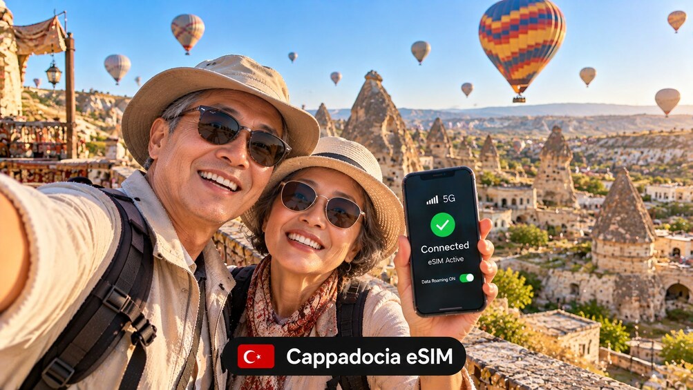 Una pareja tomándose un selfie con un teléfono inteligente mostrando una conexión 5G. 3