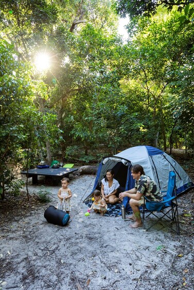 En familie camperer i en skov med et telt og et picnicbord. 4