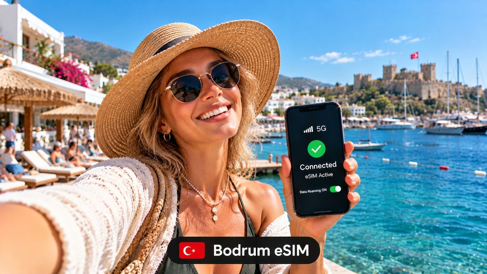 A person holding a smartphone displaying a 5G connection status, with a coastal town and boats in the background. 1
