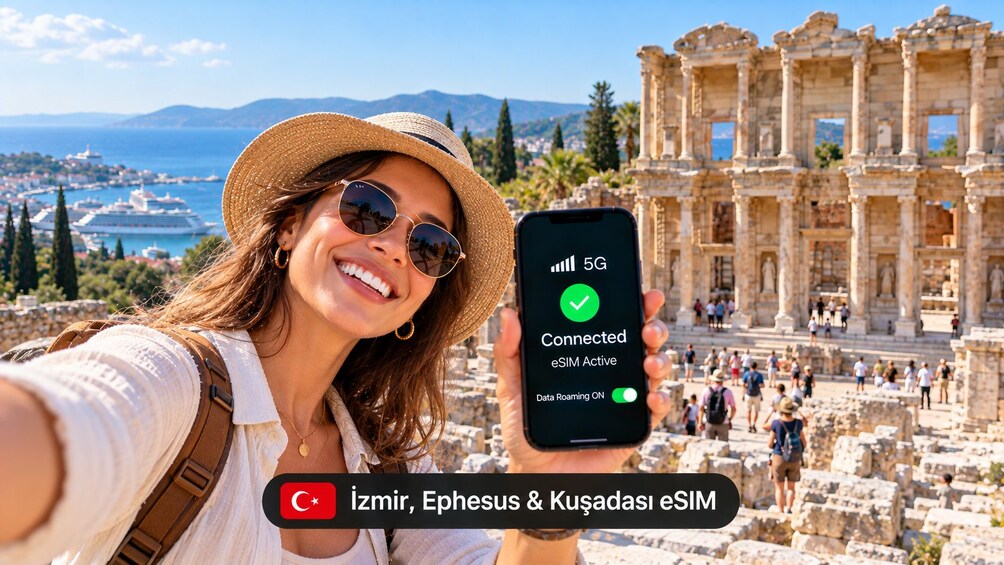 En person håller i en smartphone som visar en 5G-anslutning och att ett eSIM har aktiverats. I bakgrunden syns en historisk byggnad med turister. 1