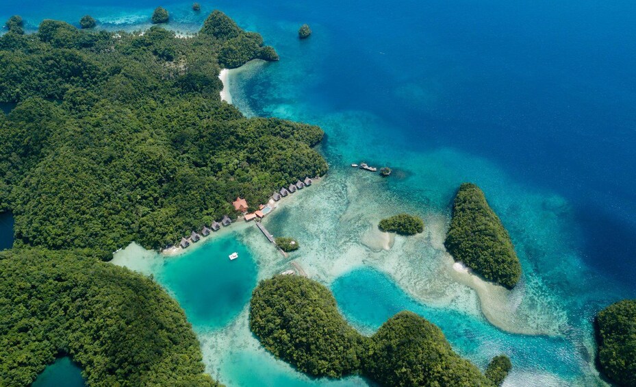 An aerial view of a tropical island with clear turquoise waters, lush green vegetation, and a small resort area with buildings and a dock. 1