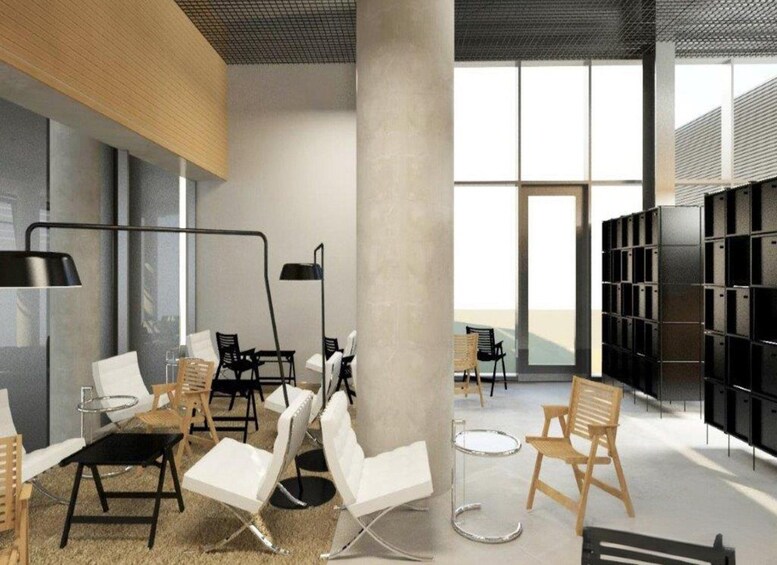 A modern interior with white chairs, a black floor lamp, and a bookshelf. 2