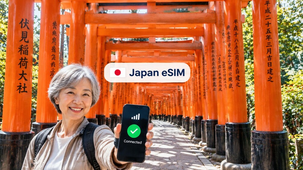 A person holding a smartphone with a connected signal icon, standing in front of a row of orange torii gates with Japanese inscriptions. 1