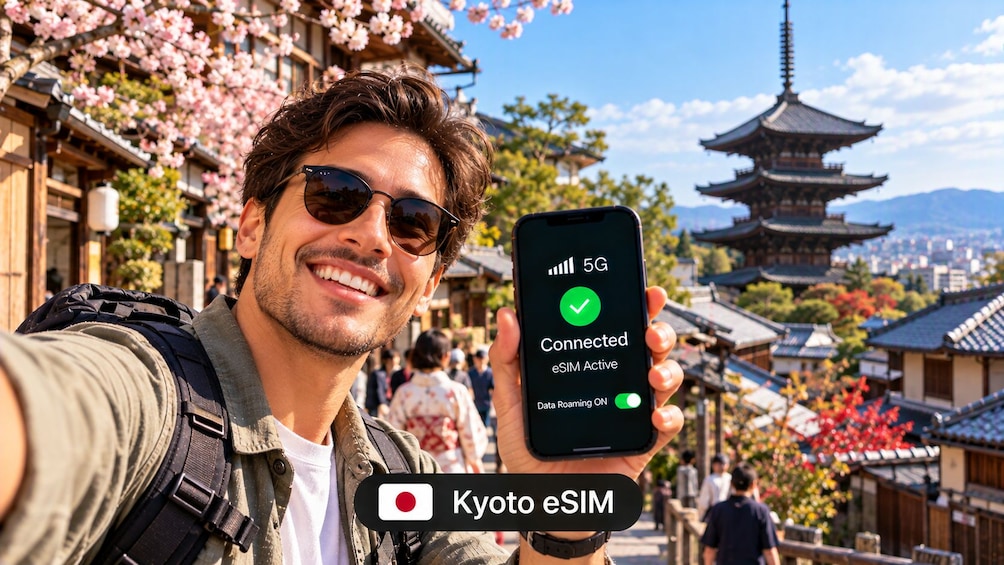 A person holding a smartphone displaying a 5G connection and eSIM activation. 2