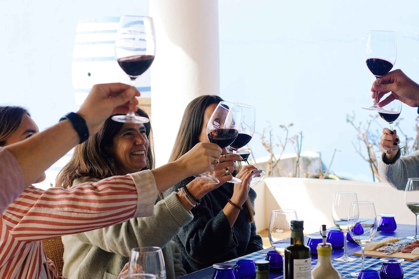 A group of people toasting with wine glasses at a table with a checkered tablecloth, bottles, and a plate of food. 1