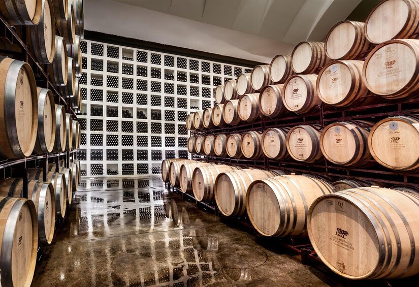 Wooden wine barrels stacked in rows inside a warehouse. 5