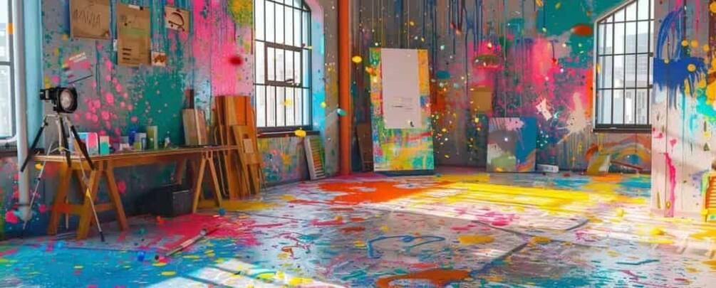 A colorful art studio with a camera on a tripod, easels, and a large window. 1