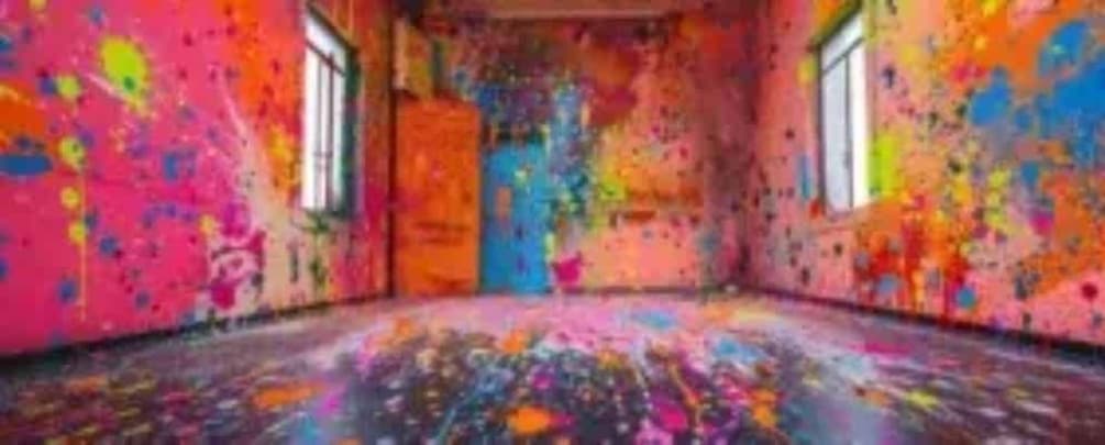 A room with colorful paint splatters on the walls and floor. 3